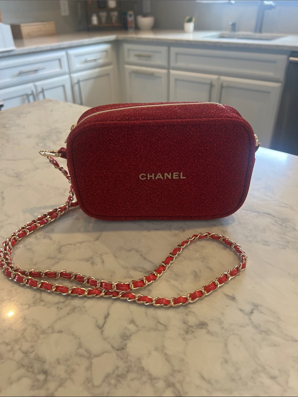 CHANEL Red Glitter Quilted Camera Bag with Gold Chain